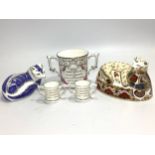 Five assorted Royal Crown Derby paperweights and loving cups comprising 'Lion Cub', limited