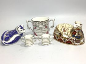 Five assorted Royal Crown Derby paperweights and loving cups comprising 'Lion Cub', limited