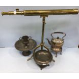 A reproduction brass telescope and tripod (af), together with a silver-plated kettle with stand