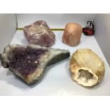 Four large crystal specimens including Rose Quartz 22 x 15cm, Amethyst Geode 38 x 20cm, Rock Salt 14
