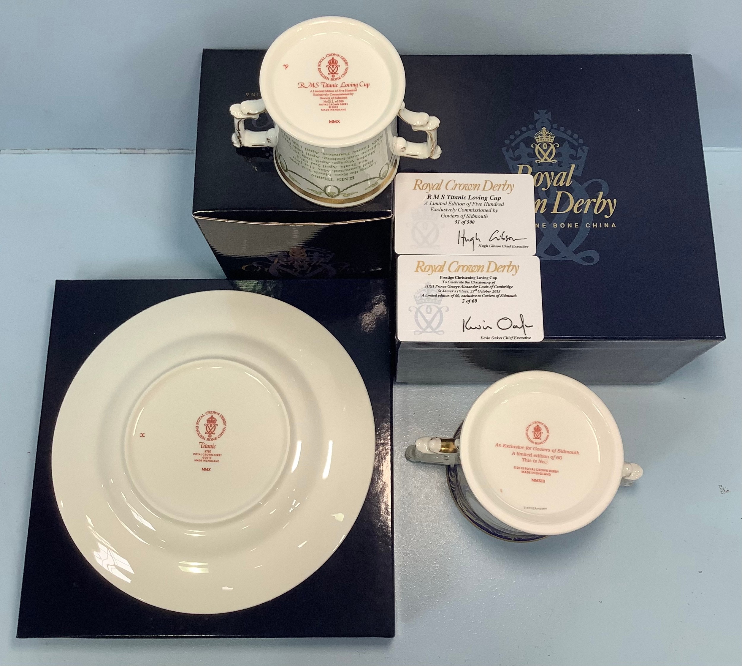 Two Royal Crown Derby loving cups and a plate comprising 'Prestige Christening Loving Cup', - Image 2 of 2