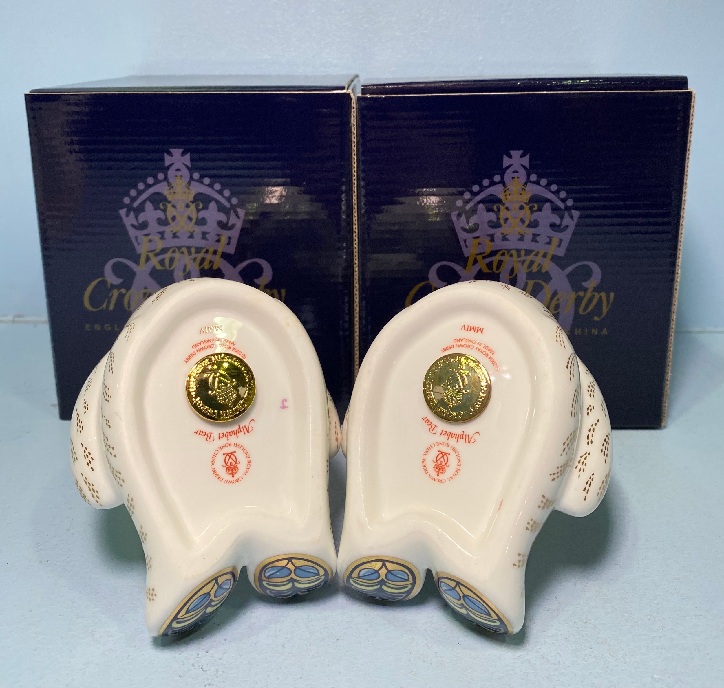 A pair of Royal Crown Derby Alphabet Bears, 'S' and 'Y', with printed marks to base, gold stoppers - Image 2 of 2