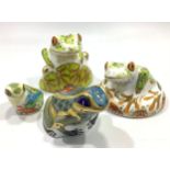 Four assorted Royal Crown Derby Frog paperweights comprising 'Hop', 'Skip', 'Fountain Frog', and '