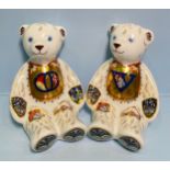 A pair of Royal Crown Derby Alphabet Bears, 'O' and 'V', with printed marks to base, gold stoppers