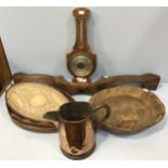An antique wooden grain bowl and farmers wooden yoke, together with a copper jug, galleried oval