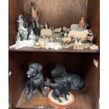 Two shelves of figure groups including a large Leonardo Collection of a Shepherd with sheepdog,