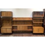 A mid-20th century interchangeable, teak modular wall shelving system by Avalon, comprising of