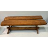 Two large rustic stained hardwood benches with 'H' stretchers and tusk tenon joints, 180cm long