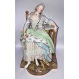 A Meissen porcelain figure of a lady sleeping in a chair with her arm resting on a table and shoes