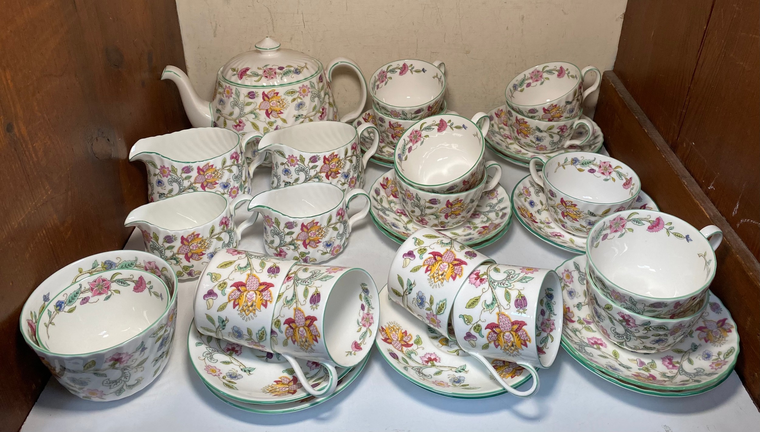 Minton 'Haddon Hall' porcelain part tea and coffee services comprising teapot, nine teacups and