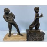 Two small bronze sculptures, one modelled as a young man wearing a turban, with Deposee plaque and
