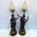 A pair of cast and patinated spelter figural table lamps modelled as maidens after Moreau 'Melodic