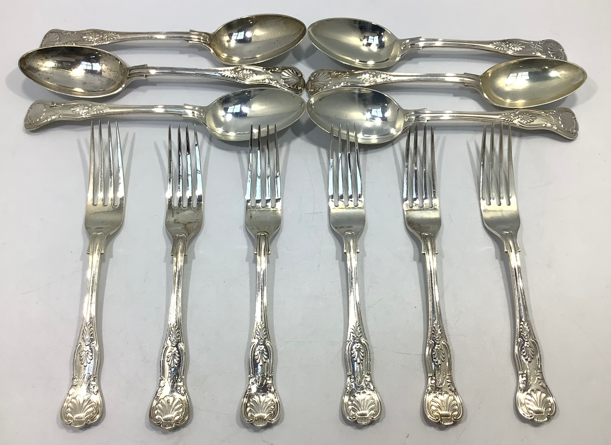 Six silver Queens pattern forks and six spoons with Sheffield, 1896, John Round & Sons, 28.03 ozt
