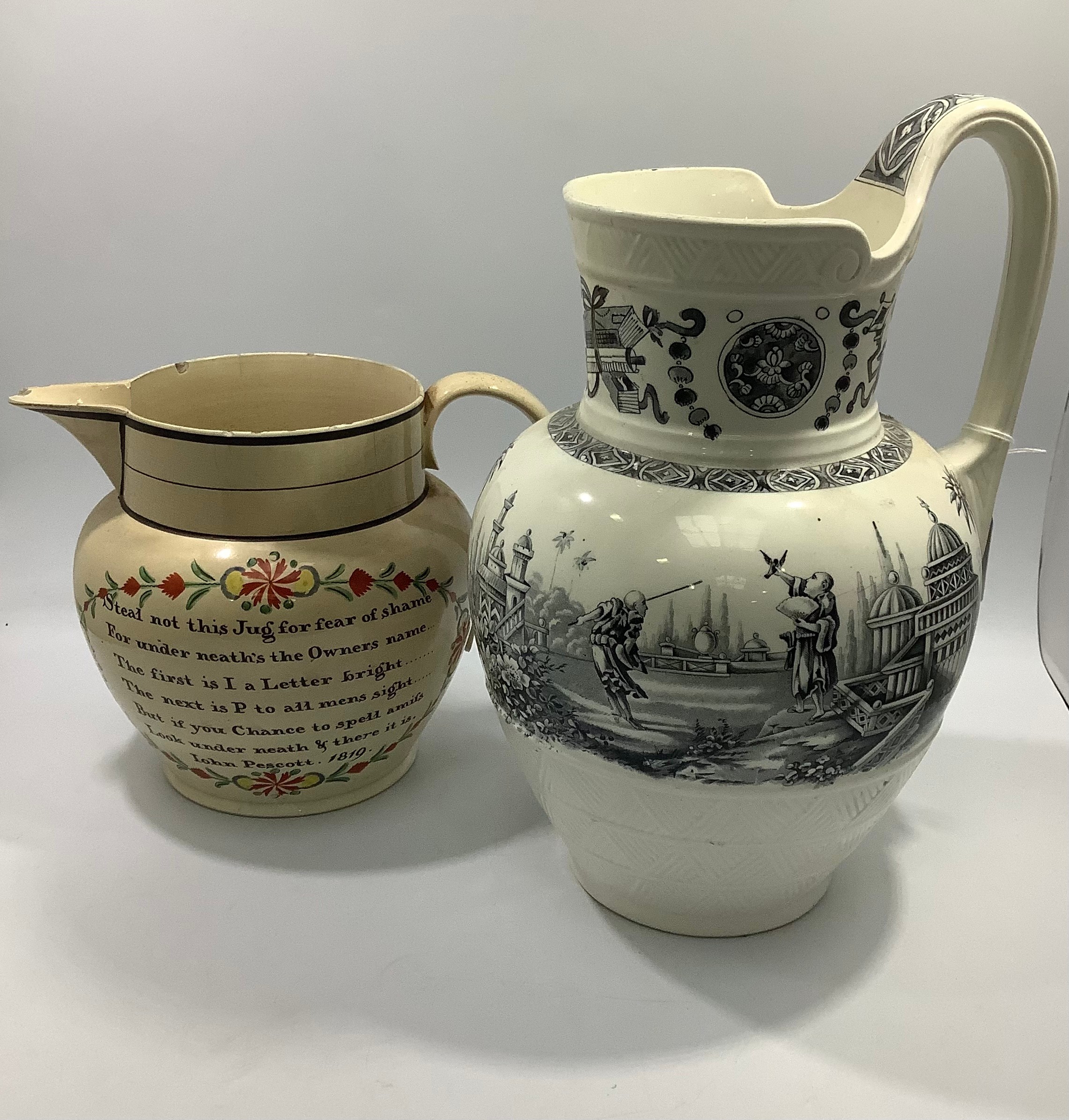 A Sunderland jug, one side with A West View of the Iron Bridge and a verse by John Pescott, 1819