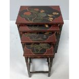 A nest of four modern Oriental lacquered tables decorated with birds amongst blossoming trees, the