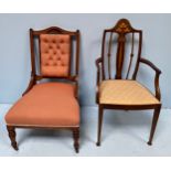 A stained walnut parlour armchair with art nouveau boxwood inlaid back splat, together with an