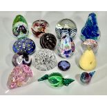 Thirteen various glass paperweights and two glass ornaments, including Caithness, Selkirk,