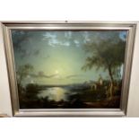 Manner of Henry Pether, Moonlit river scene with figures in boats and a ruined abbey in the