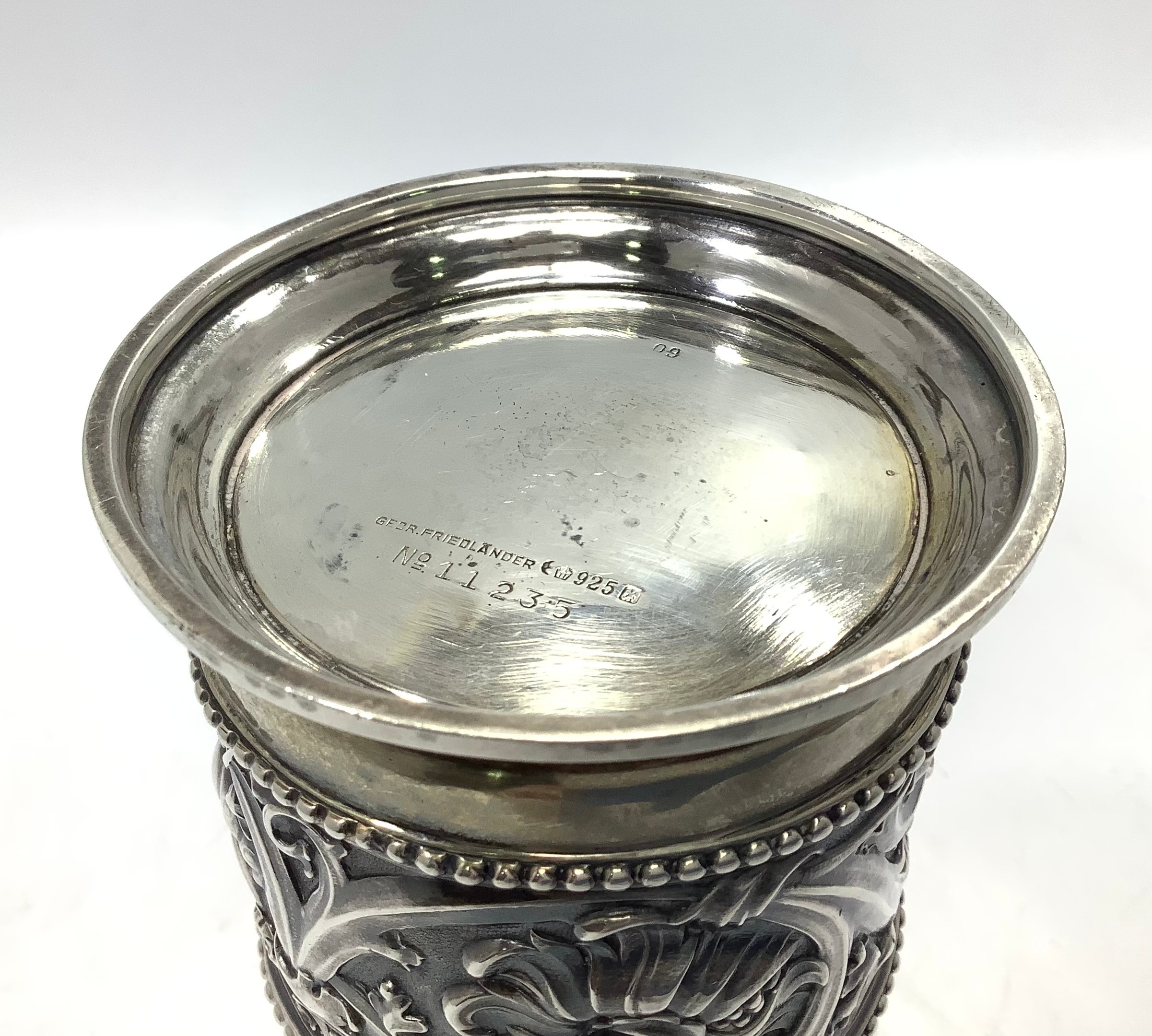 A German silver vase by Gebrüder Friedländer, of cylindrical form with flared rim and decorated with - Image 2 of 2