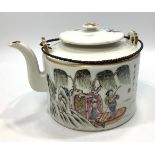 An 19th century Chinese porcelain teapot of cylindrical form, with tea infuser, cover and wire