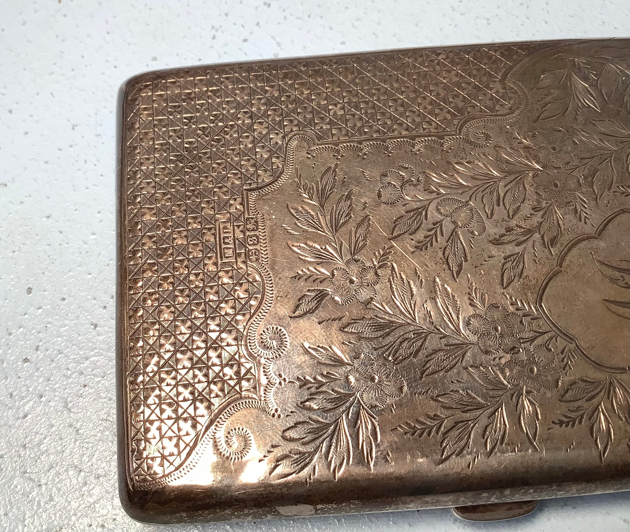 A silver stamp case by Minshull & Latimer, with foliate decoration to exterior and fitted tan - Image 3 of 3