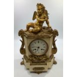 A marble and ormolu mantel clock, the central white enamel dial with Roman numerals denoting