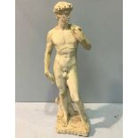 A large composite garden statue of Michelangelo's David, raised on square base, 120cm high