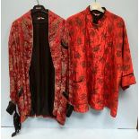 A Chinese silk heavily embroidered jacket / robe with dark red ground, size 46, together with