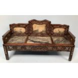 A late 19th century Chinese rosewood and mother-of-pearl inlaid three seat sofa / settee / bench,