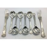 A Georgian silver Queens pattern fork together with a Victorian silver fork and six silver soup