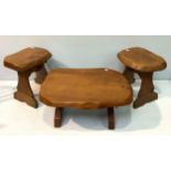 A pair of hardwood rustic stools, 52cm, together with a matching coffee / side table, 86cm x 62cm