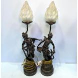 A pair of cast and patinated spelter figural table lamps modelled as maidens holding a harp and a