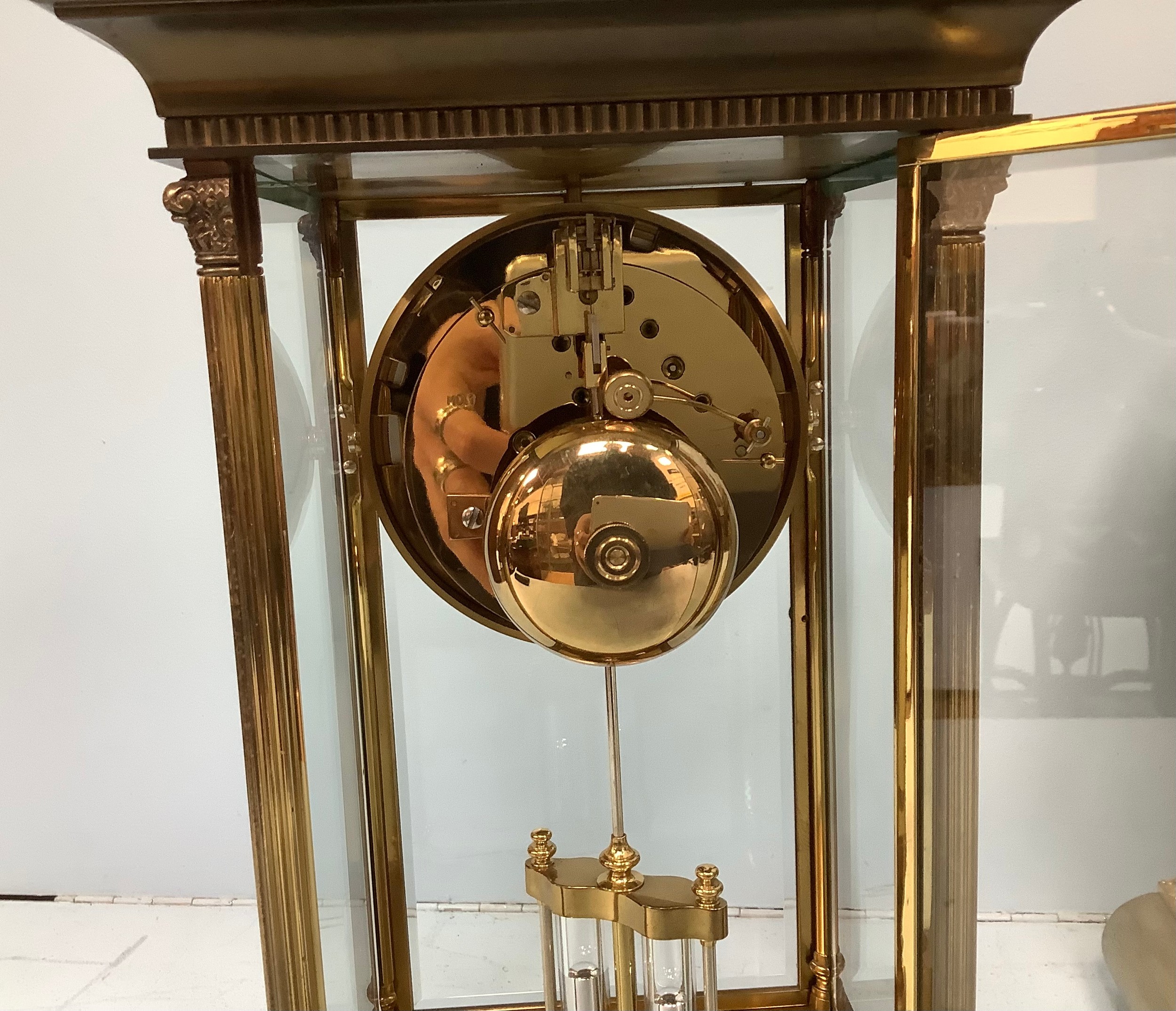 A French brass and four glass mantel clock by L'Epee, the white enamel dial with Roman numerals - Image 3 of 4