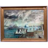 Squall Over Portsmouth H.M.S. Arrow Entering Harbour', signed N. Dutton to bottom right, oil on