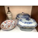 Various Oriental ceramics including two Chinese blue and white tureens and covers with rabbit