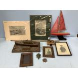 A Royal West Kent Regiment swagger stick together with two model boats, some pictures of men in