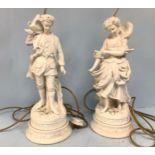 A pair of bisque white porcelain pastoral figural table lamps, with matching shades, approx. 44cm