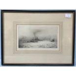 William Lionel Wyllie (1851-1931) 'HMS Hood and Submarine', pencil signed etching, mounted, glazed