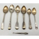 Six assorted silver tea spoons including a Georgian example by Thomas Wilkes Barker, hallmarked