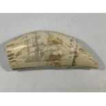 A reproduction scrimshaw whale's tooth decorated with maritime theme and inscription 'The Whaler
