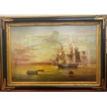 Seascape study at sunset with ships and figures in a rowing boat, indistinctly signed, Dabone' Oil