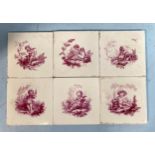 A set of six Mintons China Works tiles with various scenes of cherubs in monochrome puce, 6 x 6