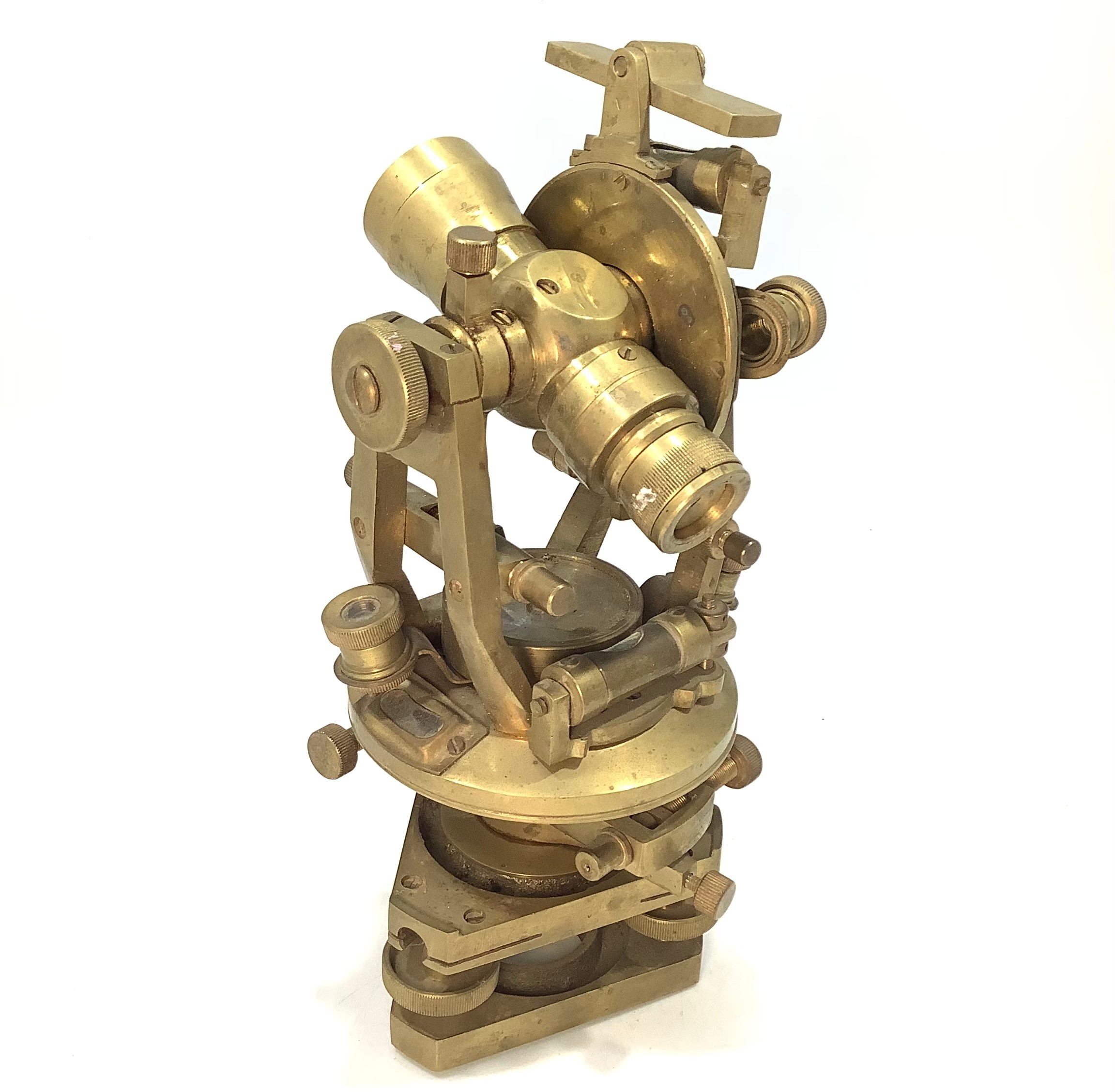 A brass reproduction theodolite by Stanley London, 23cm high