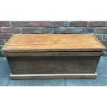 An early 20th century pine box, of rectangular form with hinged cover, stamped twice to the