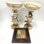 A pair of German porcelain Meissen style comports, marks to base (af), together with a portrait