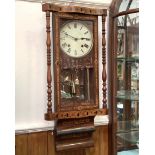 A 19th century wall clock with parquetry inlaid case, rectangular form with circular dial, brass