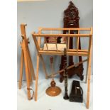 Two various picture easels, together with a folding folio stand, Chinese calligraphy paint brush