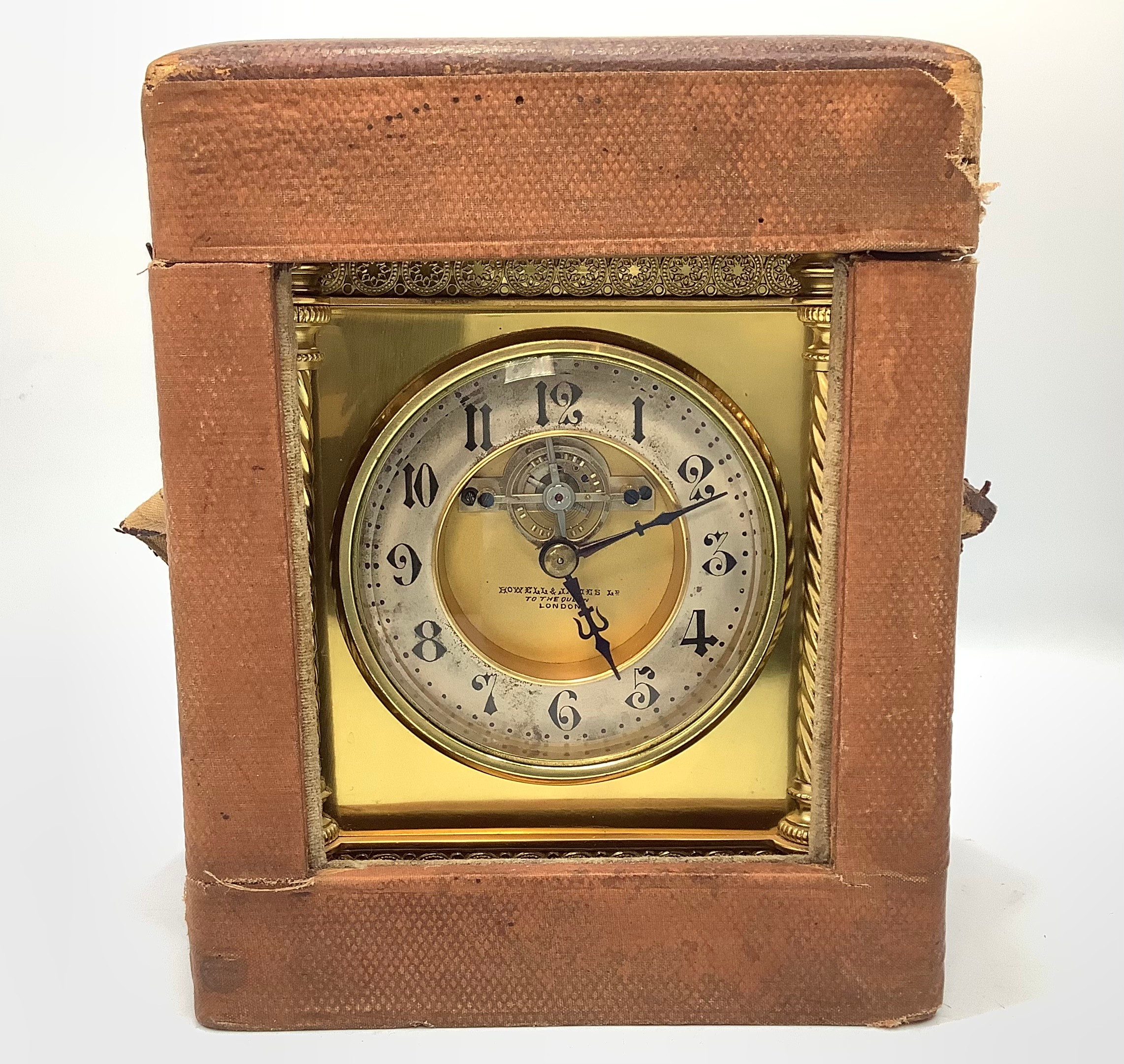 A brass carriage clock by Howell & James Ltd, the dial with exposed escapement and silvered - Image 5 of 8
