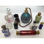 A small collection of assorted scent and snuff bottles including a double-ended ruby glass scent