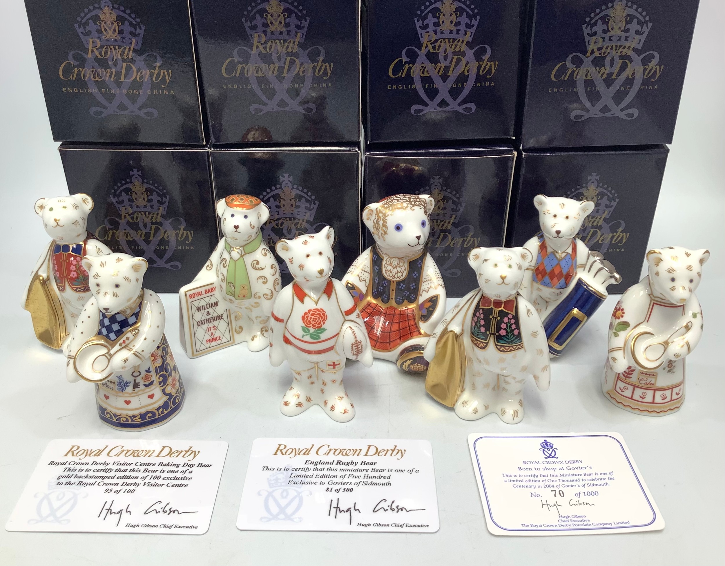 Eight assorted Royal Crown Derby bears including 'Baking Day Bear', limited edition 95/100, 'England